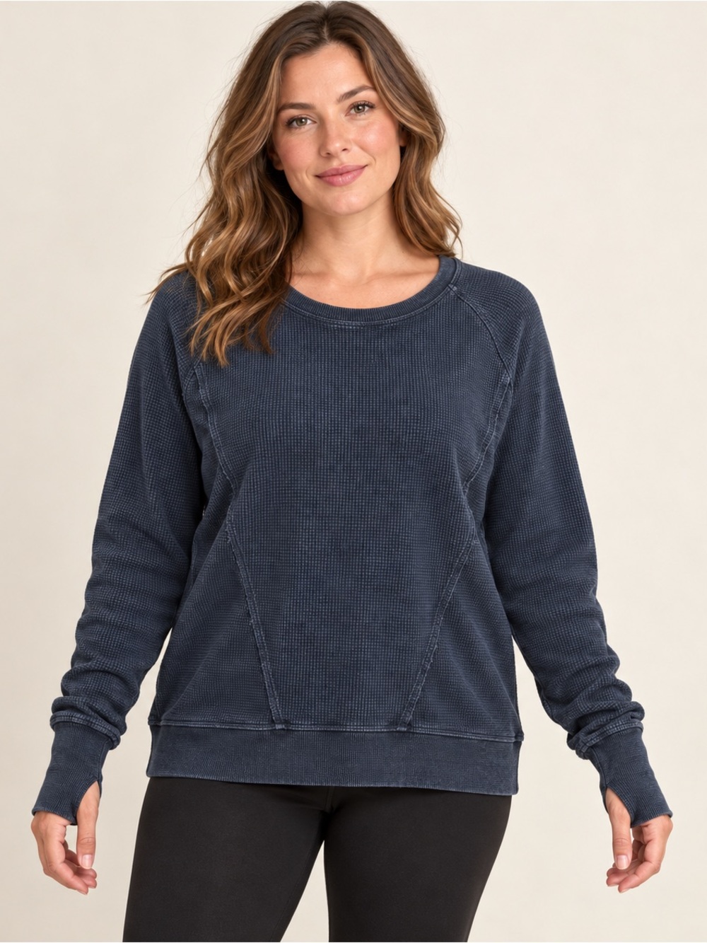 Seven7 Waffle Knit Thermal Pullover Charcoal Thumbhole Cuffs XL